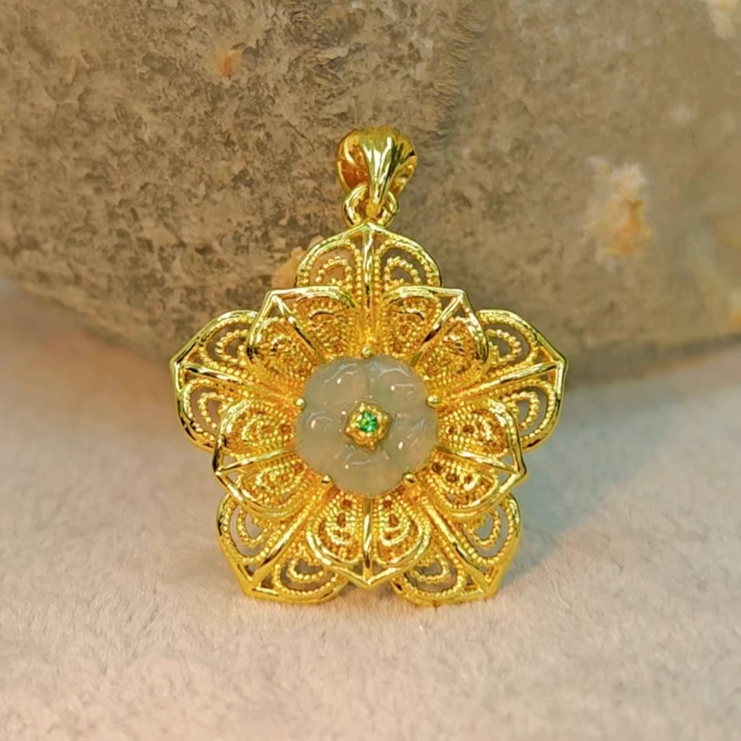 BM-S156天然A货翡翠牡丹吊坠合金镶嵌