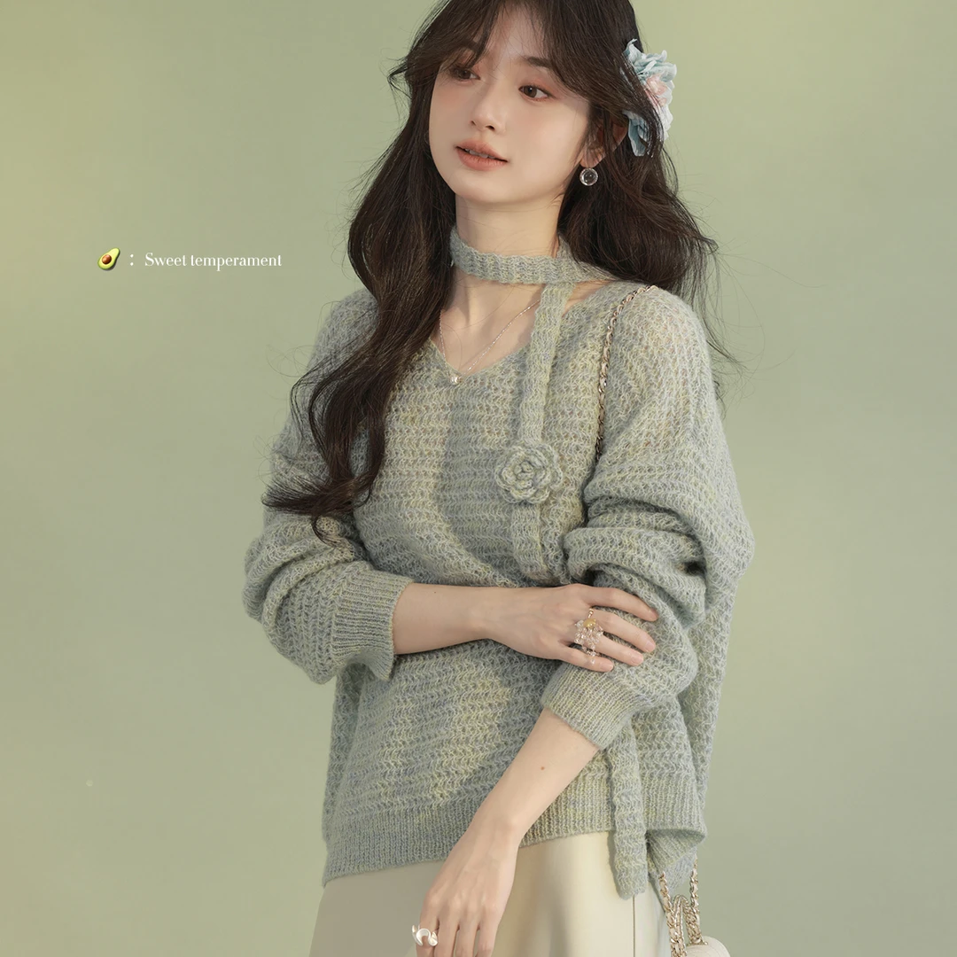 花栗鼠小姐 慵懒姐姐/彩色小海马 慵懒感玫瑰飘带毛衫