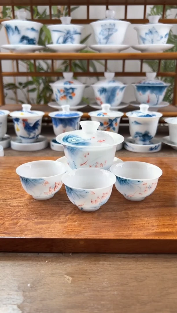 2*K微瑕高蓝莲130ml三才盖碗+小和顺杯6个