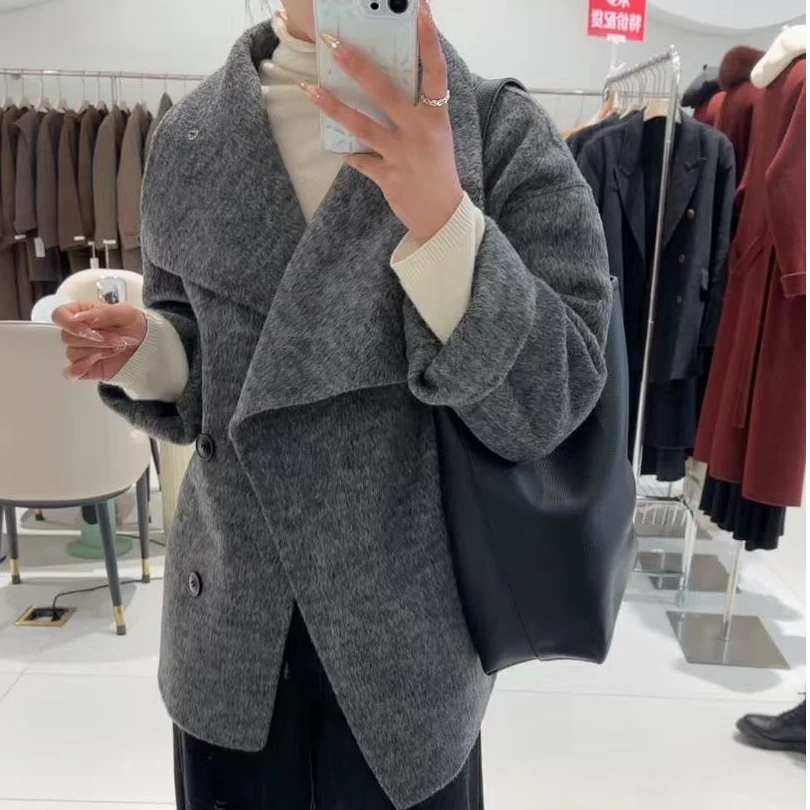 2025新款慵懒风宽松不规则显瘦双面羊毛大衣可翻领可立领两穿