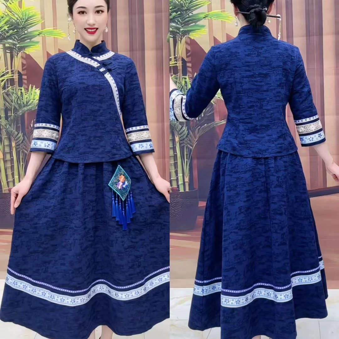 1504复古改良重工艺棉麻刺绣民族风套装