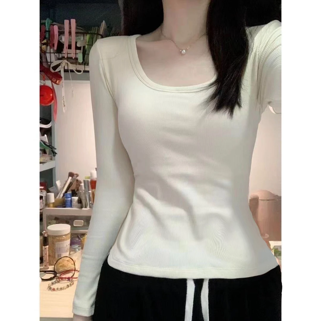 秋季新款德绒圆领长袖T恤女修身显瘦常规款上衣秋冬内搭打底衫