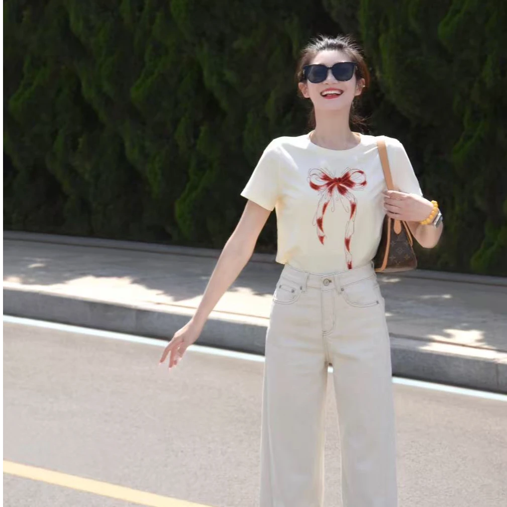 【休闲Look】夏季设计感2025新款蝴蝶结印花短袖显瘦阔腿裤上衣套装