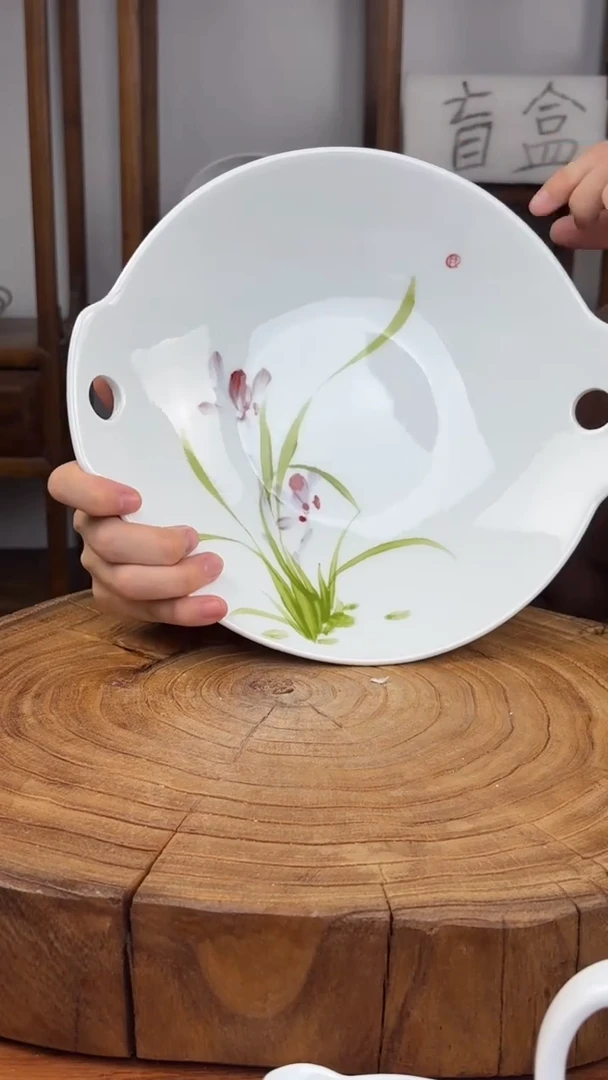 瓷片景德镇手绘高温（釉中彩）双耳锅兰花