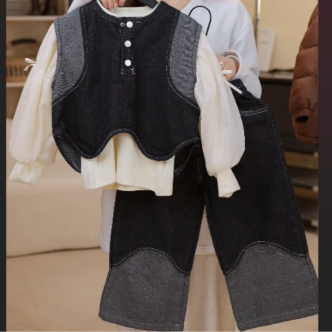 2025单排扣韩版女春季套装背带拼接秋季女童男童童装衬衫中大童