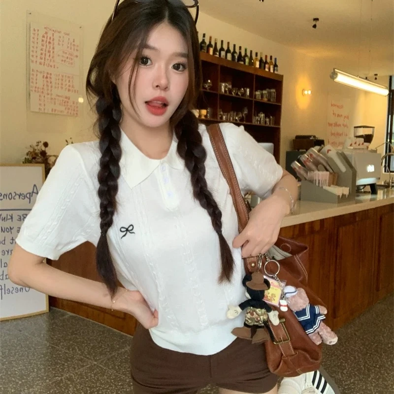 【100%天丝】2025夏蝴蝶结刺绣麻花POLO领女韩系显瘦百搭上衣减龄