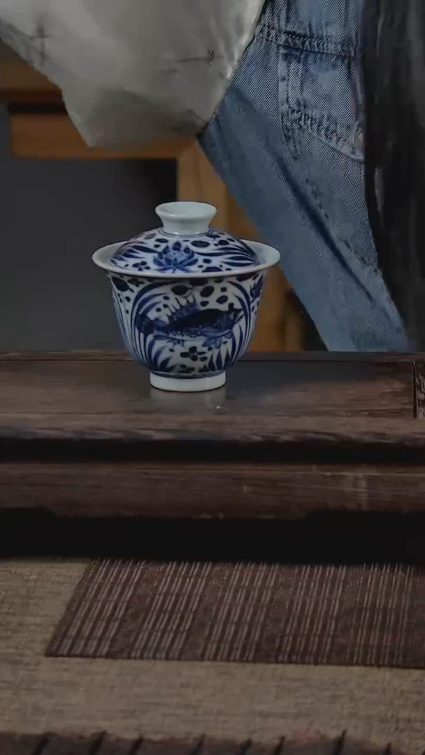 盖碗折葵非器手工手绘鱼藻两才盖碗
