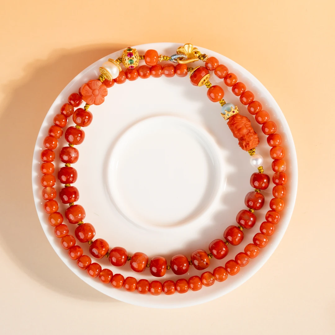 鸿海 南红5-6MM配8-9MM女款度母挂脖项链毛衣链锁骨链（多样性）