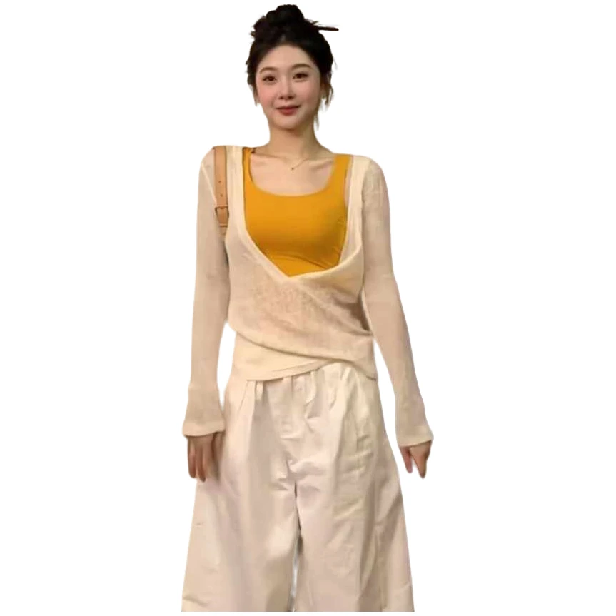 大码胖mm韩系气质设计感防晒罩衫女夏季设计感叠穿背心上衣两件套