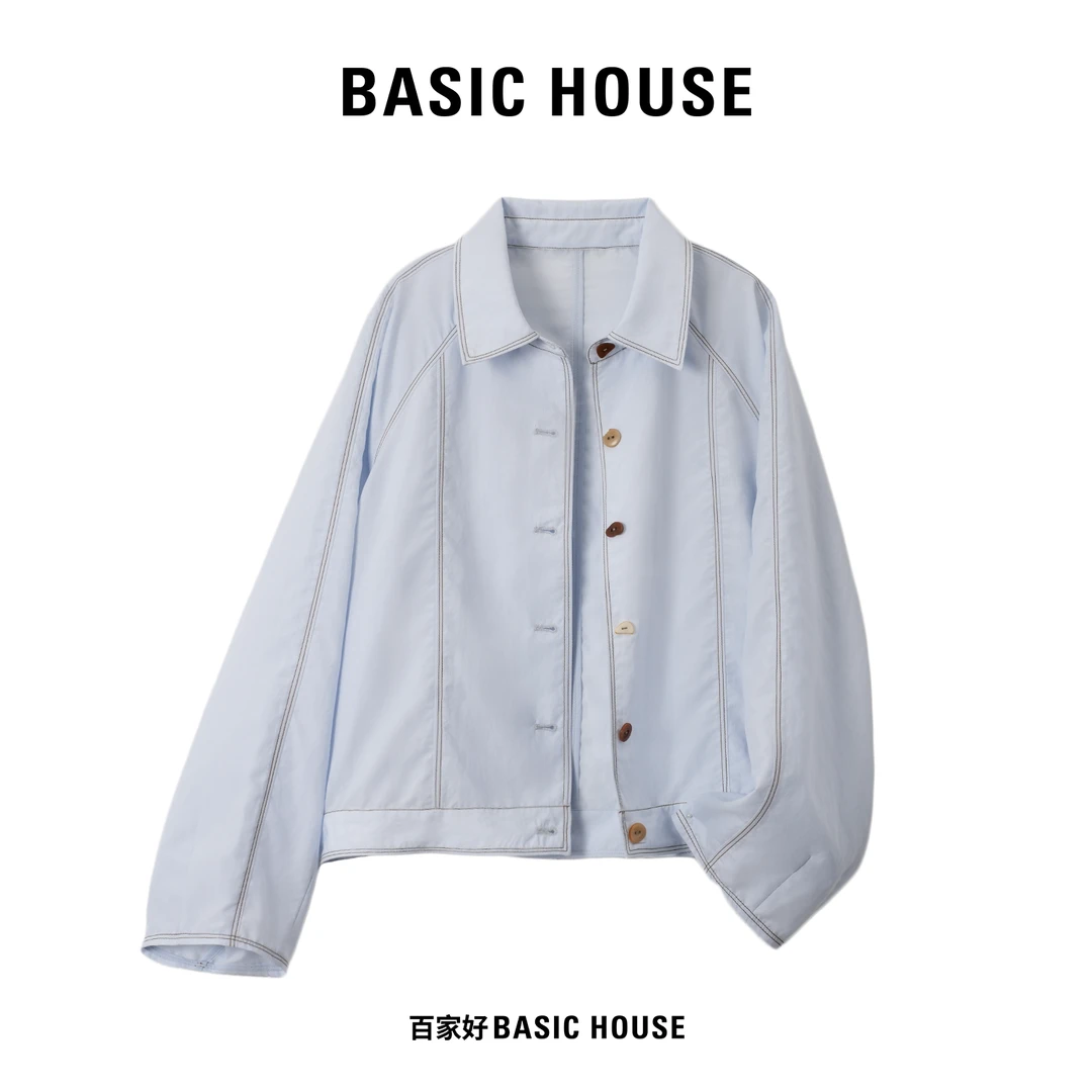 Basic House/百家好2025夏季新款翻领彩扣明线衬衫外套4632LBYY