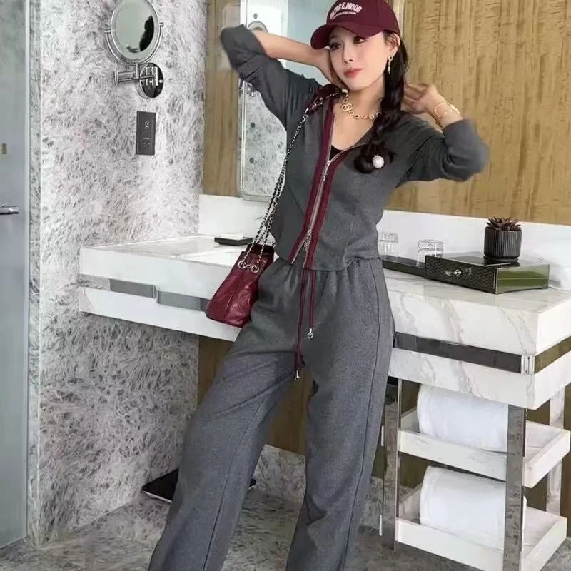 2201#春秋季灰色外套上衣阔腿裤两件套
