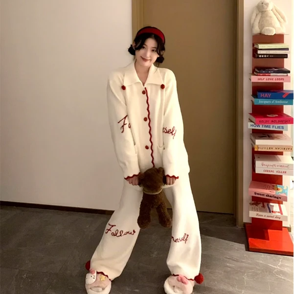 可爱少女半边绒睡衣女冬季2024加绒加厚简约针织开衫长裤家居套装