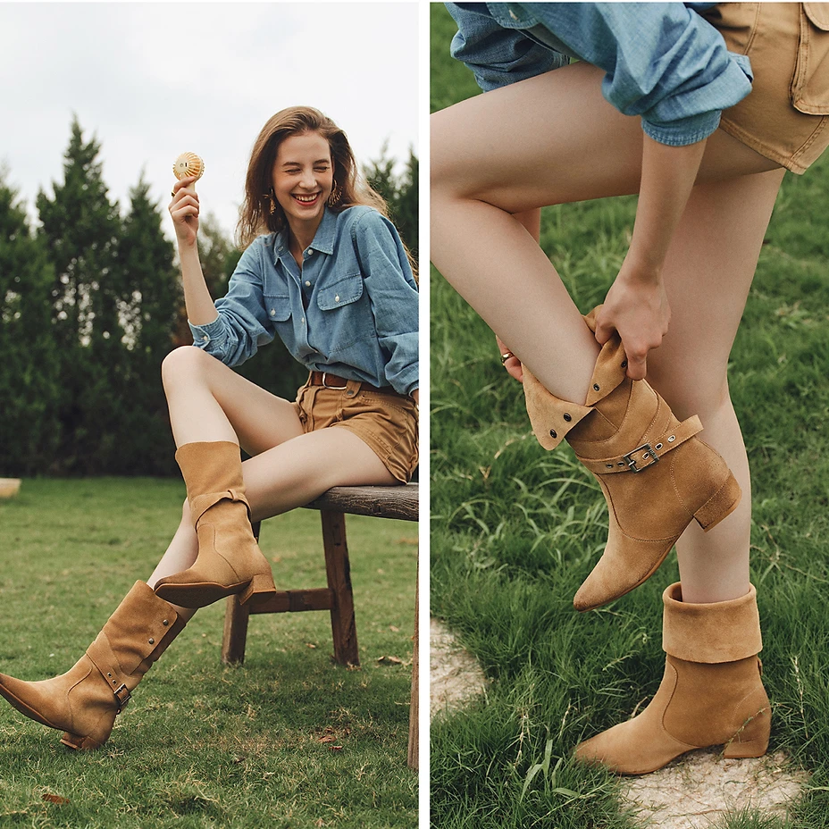 【专场福利】73hours女鞋牛仔假日冬季新波嬉风堆堆靴美拉德西部靴