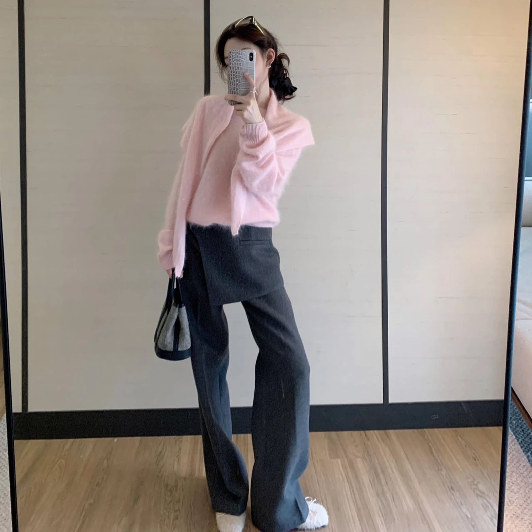 法式气质慵懒风圆领披肩毛衣女秋冬新款针织衫韩系直筒裤两件套