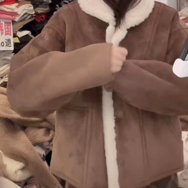 ［小小布］no退换-东大门正品棕色皮毛一体大衣外套