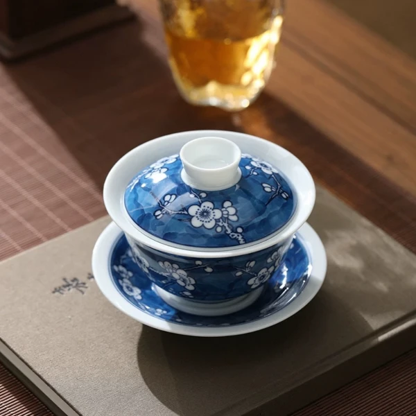 手绘冰梅青花三才盖碗釉下彩茶杯高档茶具陶瓷大号功夫泡茶碗带盖