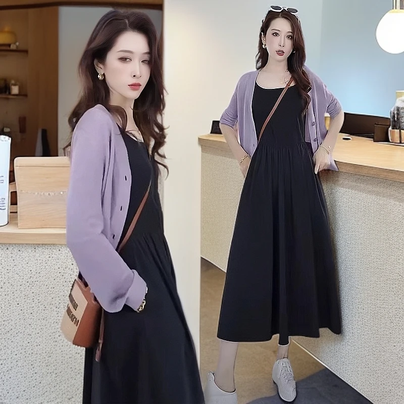 时尚套装女2025春秋新款洋气薄款长袖开衫上衣显瘦吊带裙两件套女