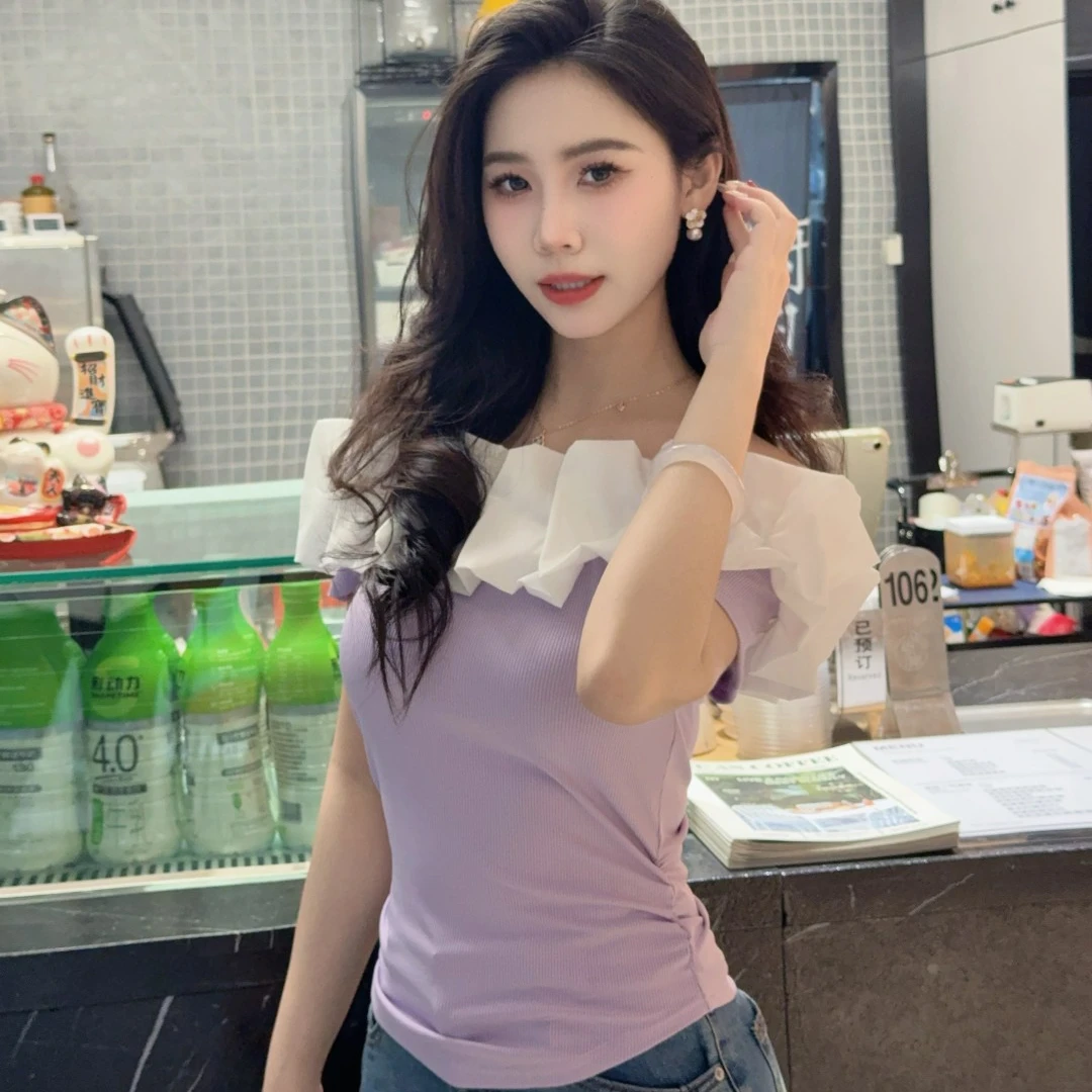 Dear女王一字肩荷叶领法式小众收腰休闲上衣显瘦气质短款百搭夏季