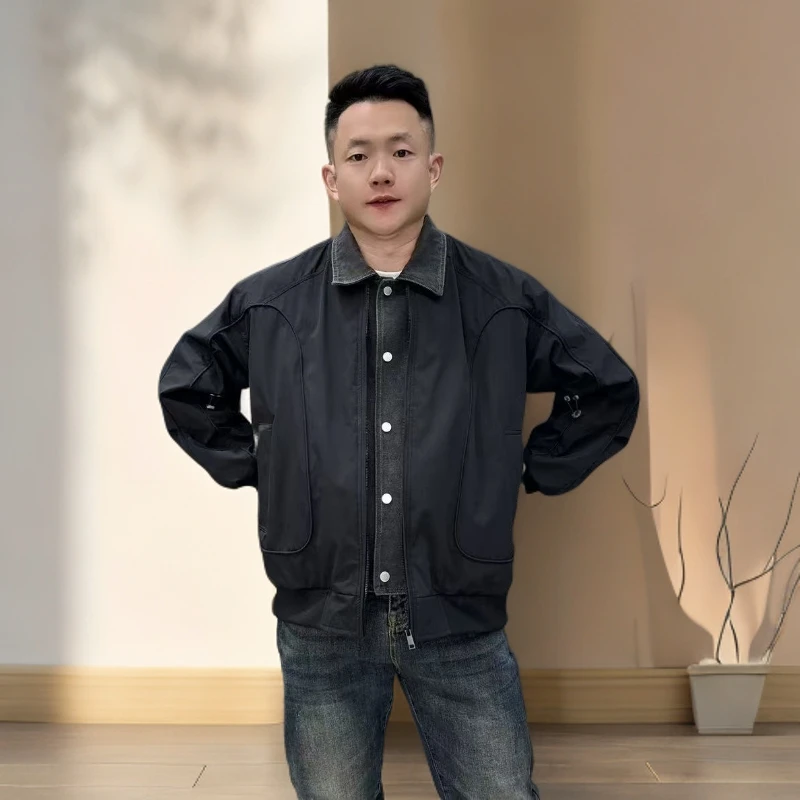 小侯+2518早秋季新款时尚潮流百搭纯色休闲风拼接假两件夹克外套