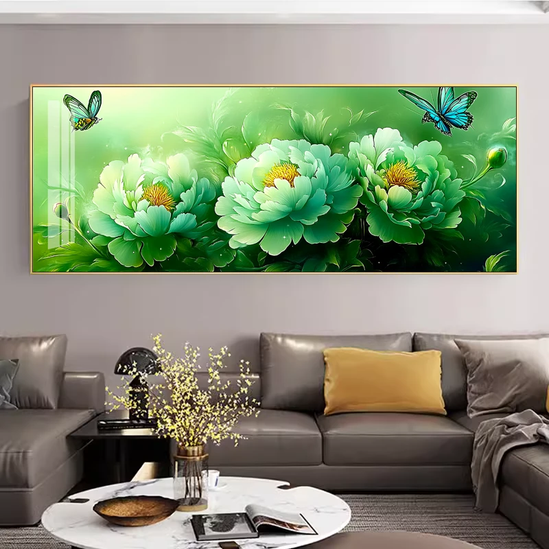 2025新款绿牡丹大格满绣清爽素雅国潮风客厅卧室棉线十字绣