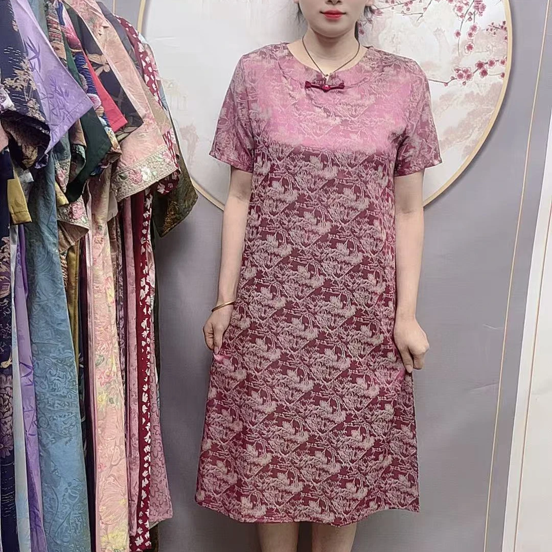 【玫红旗袍】2025夏季妈妈装气质短袖连衣裙洋气中老年女装宽松长裙