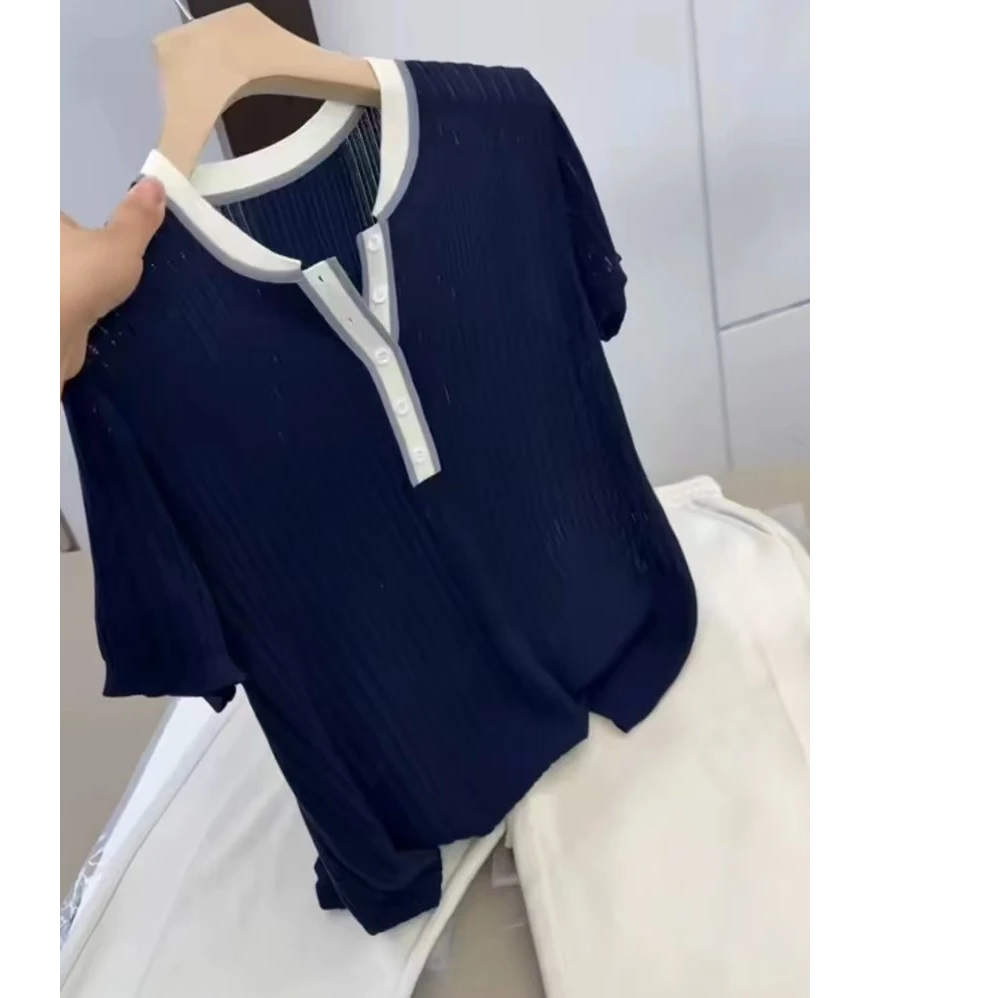 有运费补贴~藏青色灰边V领时尚T恤休闲复古莱赛尔天丝上衣