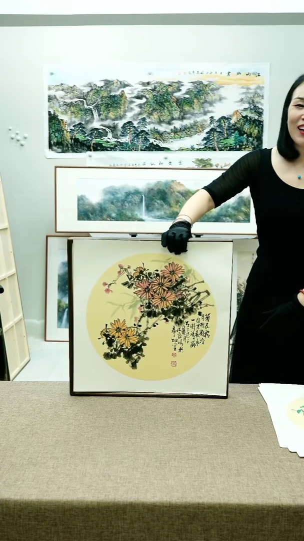 国画52*52李法良手绘花鸟带框