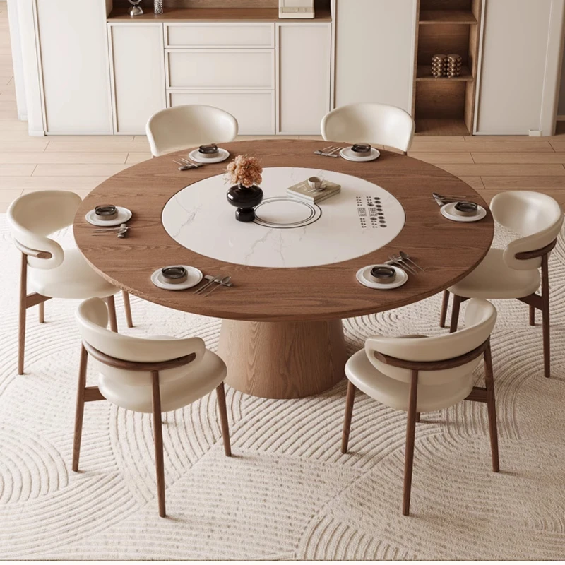 实木餐桌家用内嵌式电磁炉暖菜电动转盘中古风圆形吃饭桌佛山新款