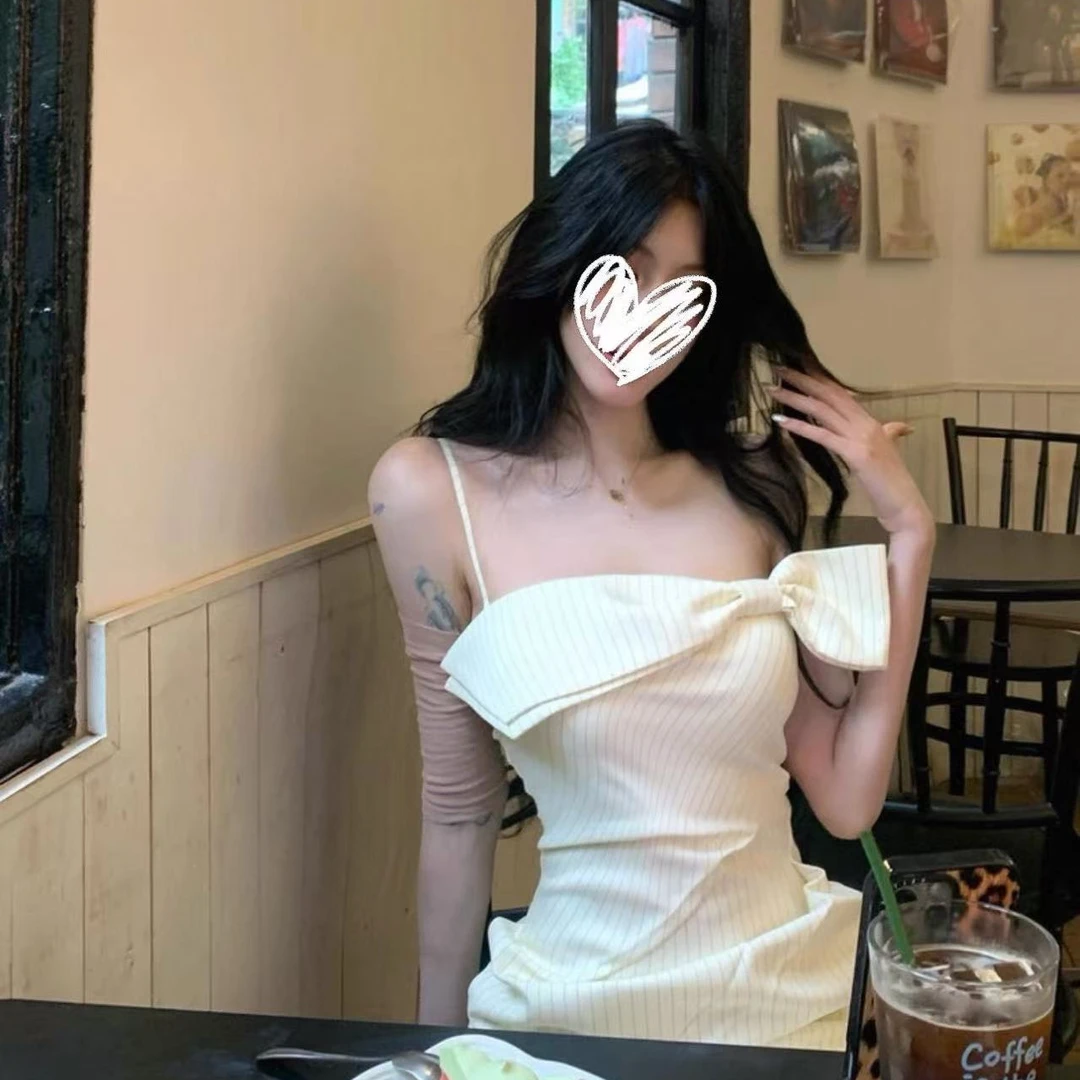 法式吊带裙女2025夏季条纹蝴蝶结A字连衣裙