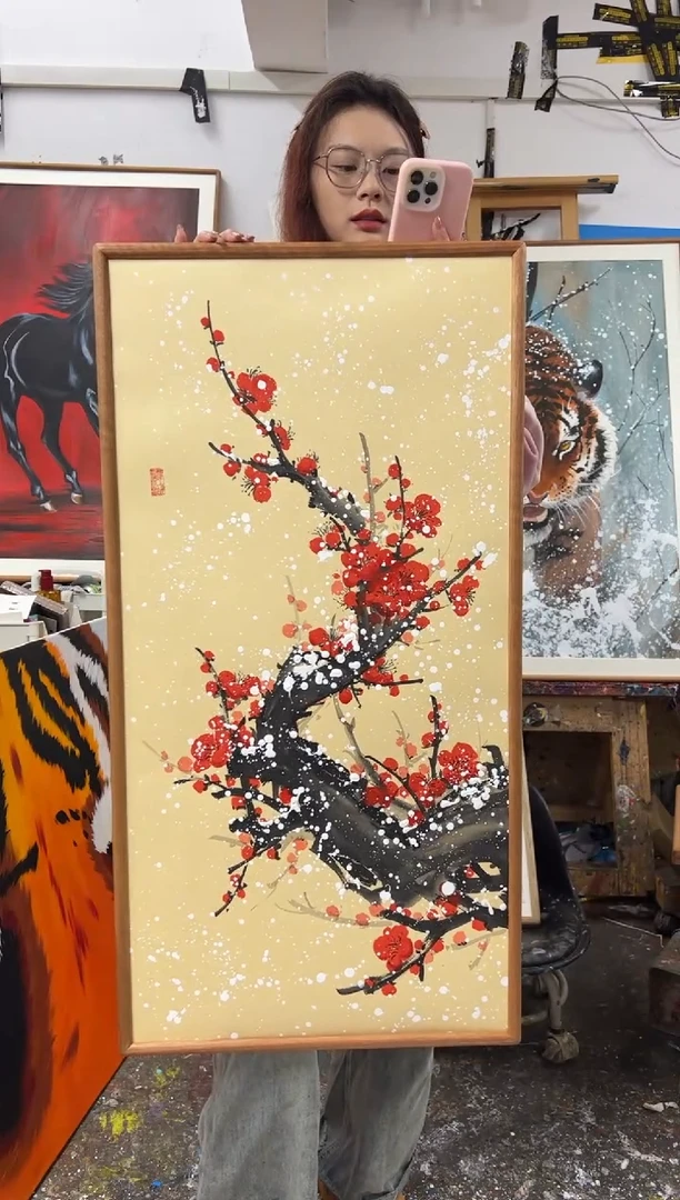 【闪购商品】丙烯画丫丫老师傲雪寒梅竖版精装裱