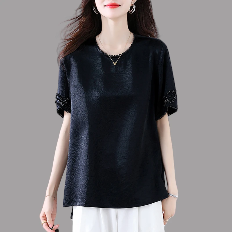 黑色缎面短袖t恤女夏季2025新款大码宽松遮肉显瘦肌理感提花上衣