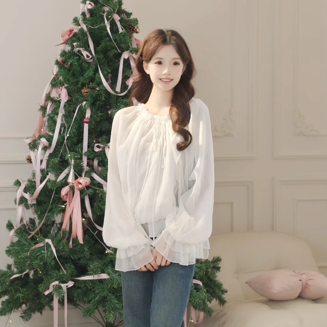 CHERI.Z 春季新款设计感花瓣层次抽绳长袖上衣白色雪纺衫女