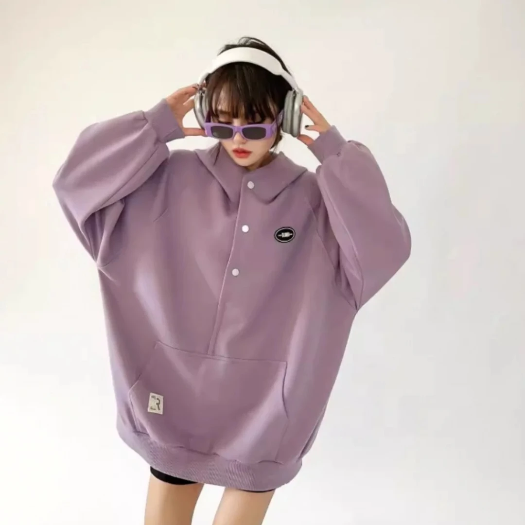 欧货大版oversize高级感中长款宽松休闲插肩袖纯色大码连帽卫衣女