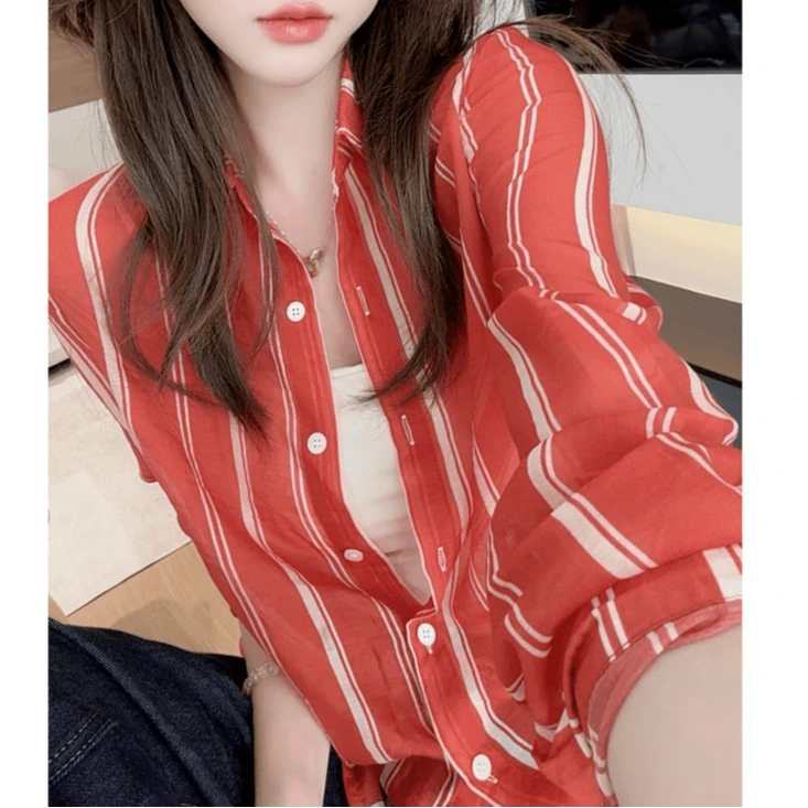 港风洋气时尚条纹拼色小衫2025夏季新款慵懒气质显瘦长袖衬衫女