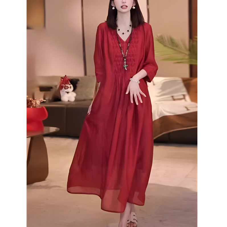 度假风气质V领轻奢红色连衣裙女夏季裙子法式复古收腰显瘦妈妈裙