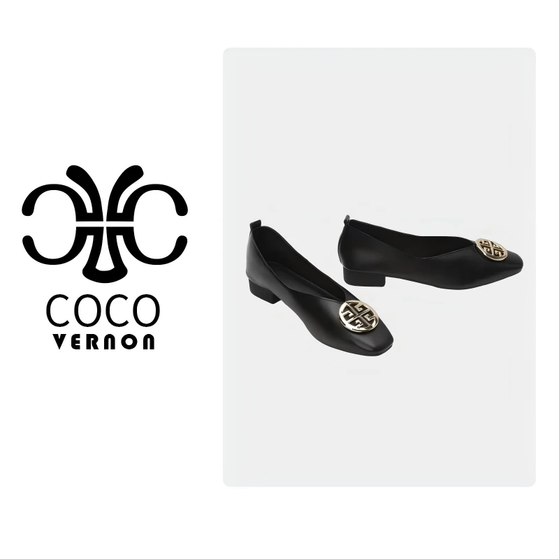 新款平底方头低跟真皮百搭女士饰扣舒适优雅女鞋时尚百搭休闲