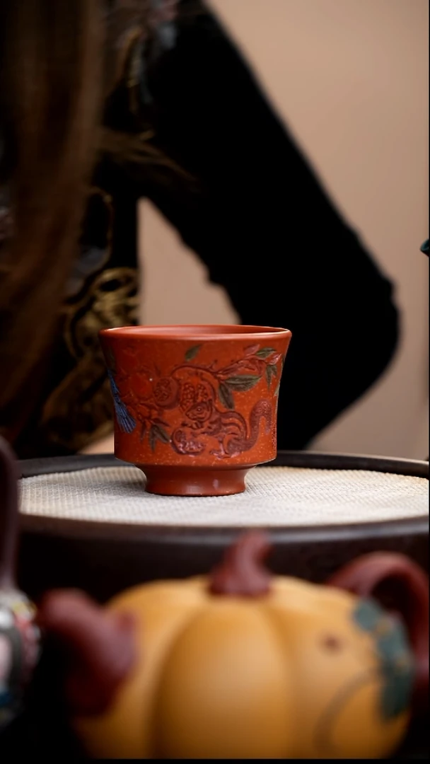 茶壶紫砂红降坡双鸟杯