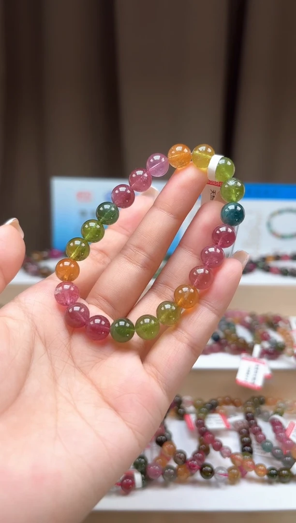 未镶嵌手串碧玺8.8mm明亮艳丽彩虹色玻璃体碧玺单圈手串