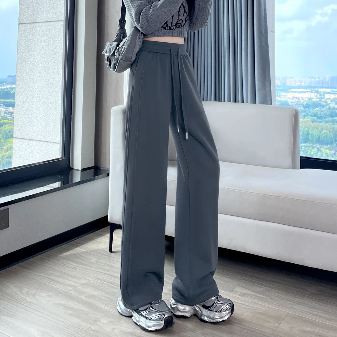 直筒窄版阔腿裤女秋冬休闲高腰垂感运动卫裤加厚加绒九分香蕉裤子