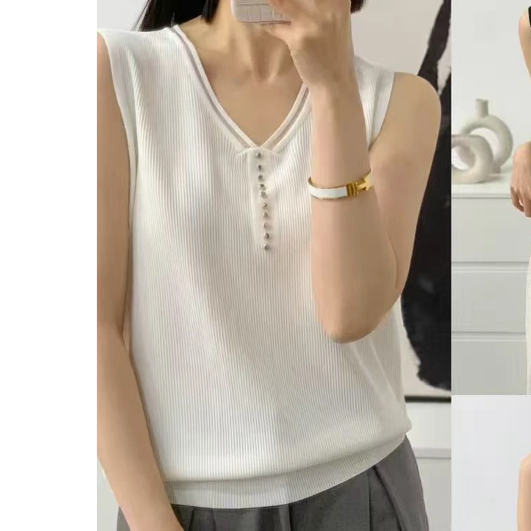 夏季V领背心T恤百搭显瘦针织上衣女外穿遮肚子上衣