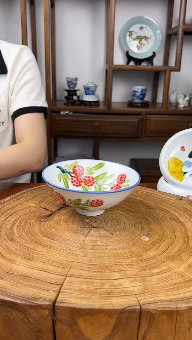 瓷片景德镇手绘釉中彩（食品级）荔枝斗笠碗