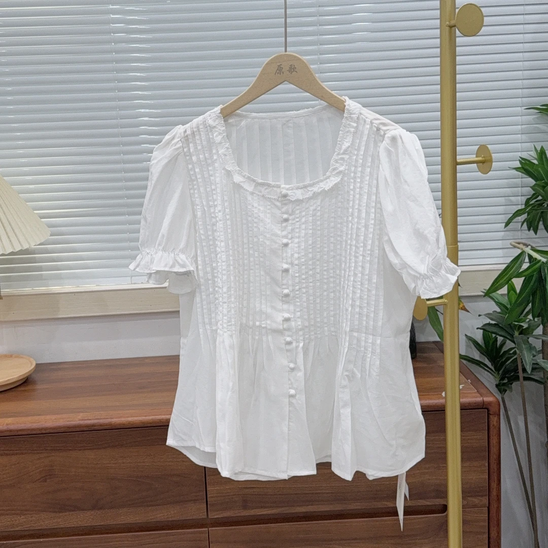 【原歌】夏季新款韩版休闲宽松方领花边小衫YG784