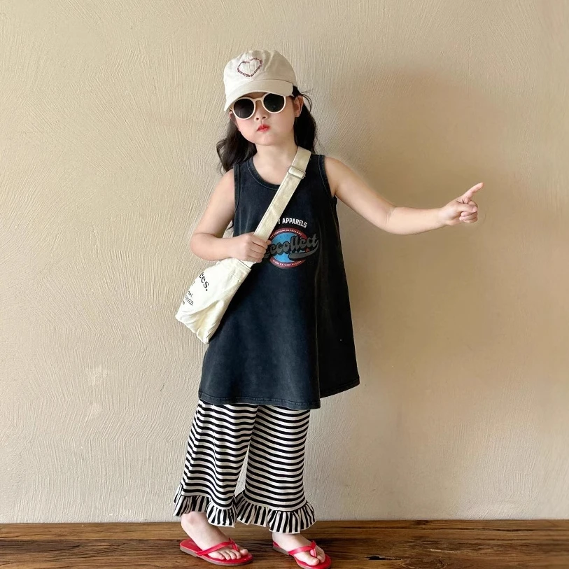 大橙子Studio女童2025夏季新款儿童韩系字母上衣裙韩版花边裤套装