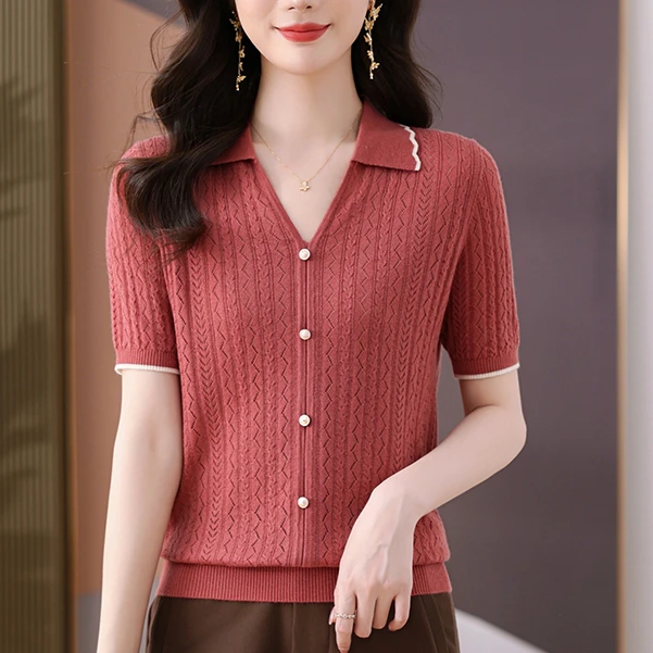 莱赛尔天丝夏季新款T恤v领时尚显瘦宽松上衣中年妈妈薄款女士女款