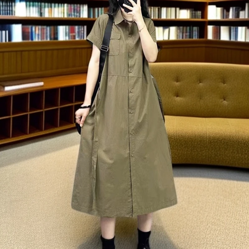 【洋洋】衬衫领百搭短袖夏季大码连衣裙单排多扣新中式慵懒风L2873
