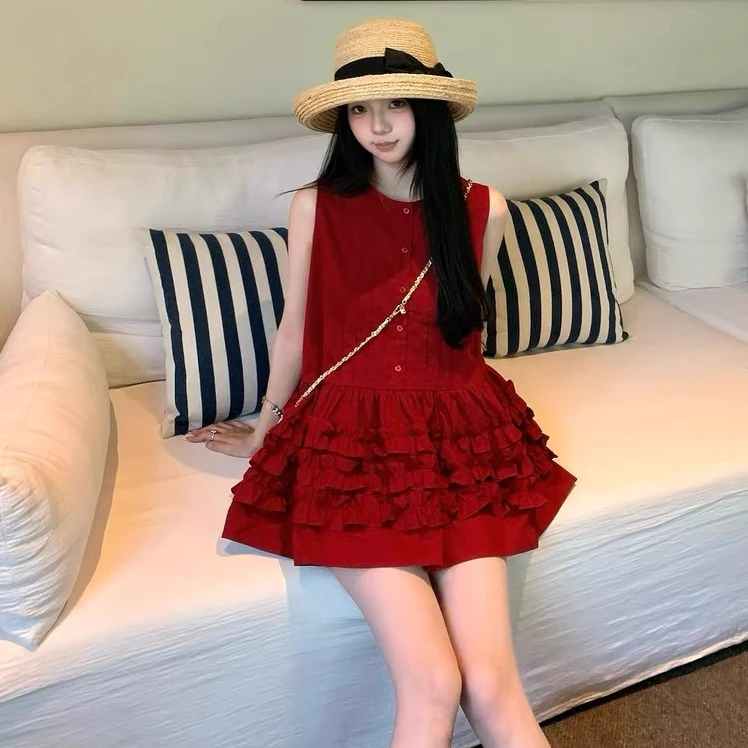 【破价清】夏季荷叶边洋气中长款孕妇装蛋糕层荷叶边圆领无袖上衣