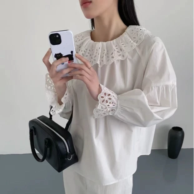 FUJIA STYLE新款休闲气质设计感绣花雕孔花边衬衫C9458