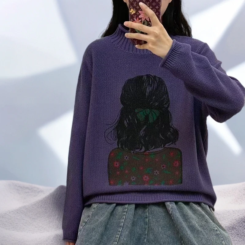 2025针织背影卫衣文艺复古针织衫女休闲百搭提花棉线套头外套上衣