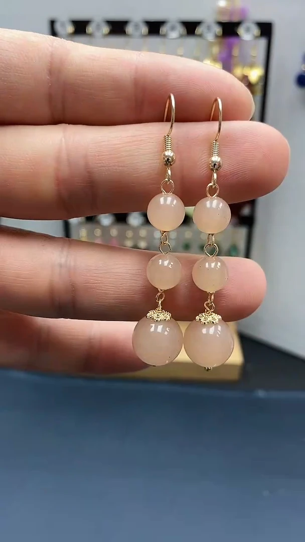 【闪购商品】和田玉耳饰银S925镀金镶嵌尺寸12mm藕粉连珠