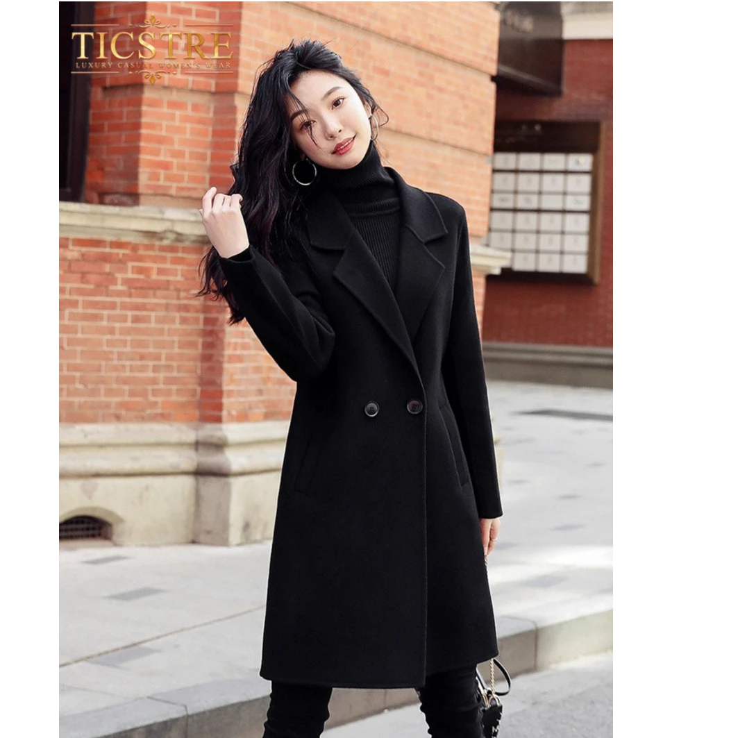 TICSTRE黑色双面羊绒大衣女2025年高端修身羊毛小个子毛呢外套